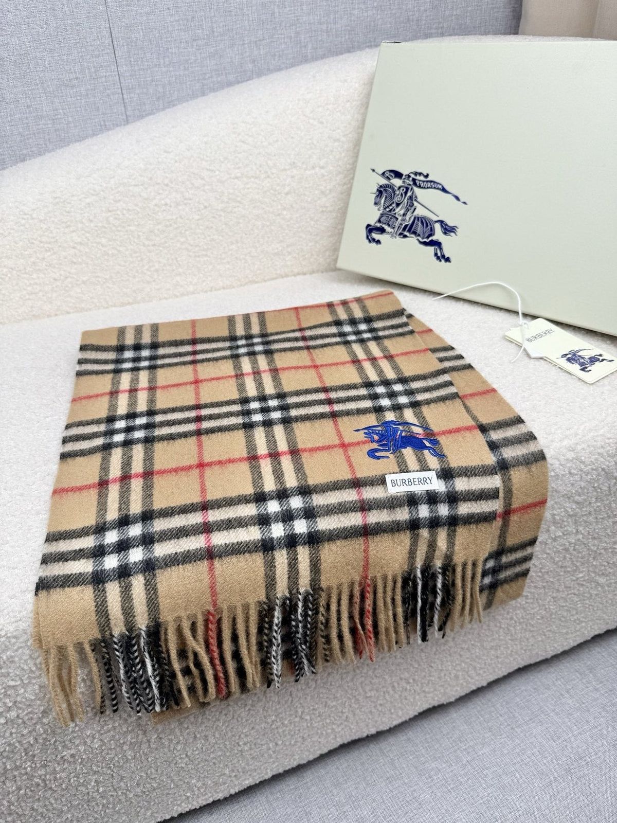 Burberry Beige Plaid Fringe Scarf — front