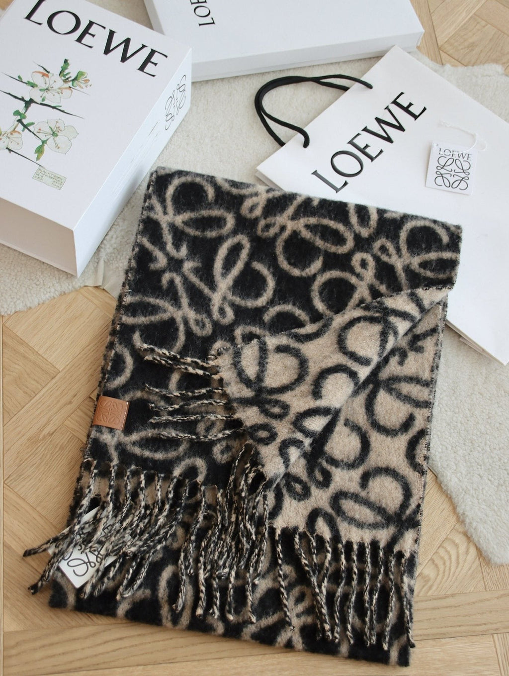 Loewe Black & Tan Motif Fringe Scarf — front