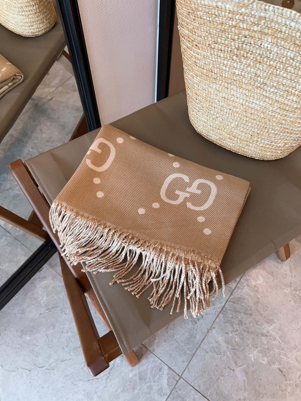 Gucci Tan Cream Motif Fringed Scarf — front