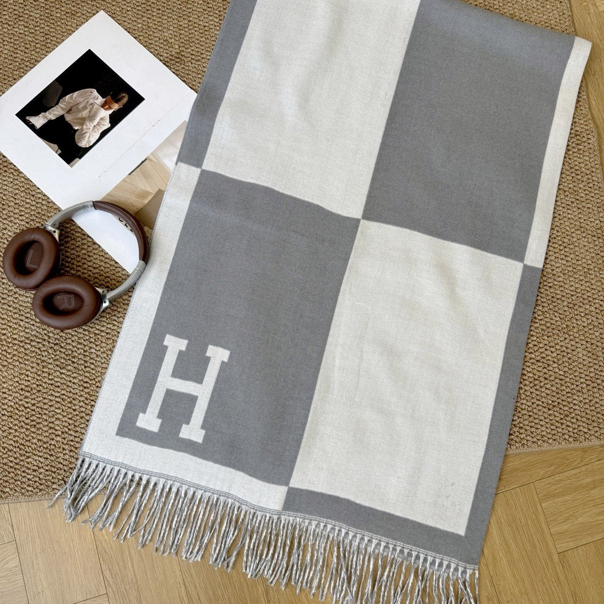 Fringed Color-Block Letter-Motif Scarf — front