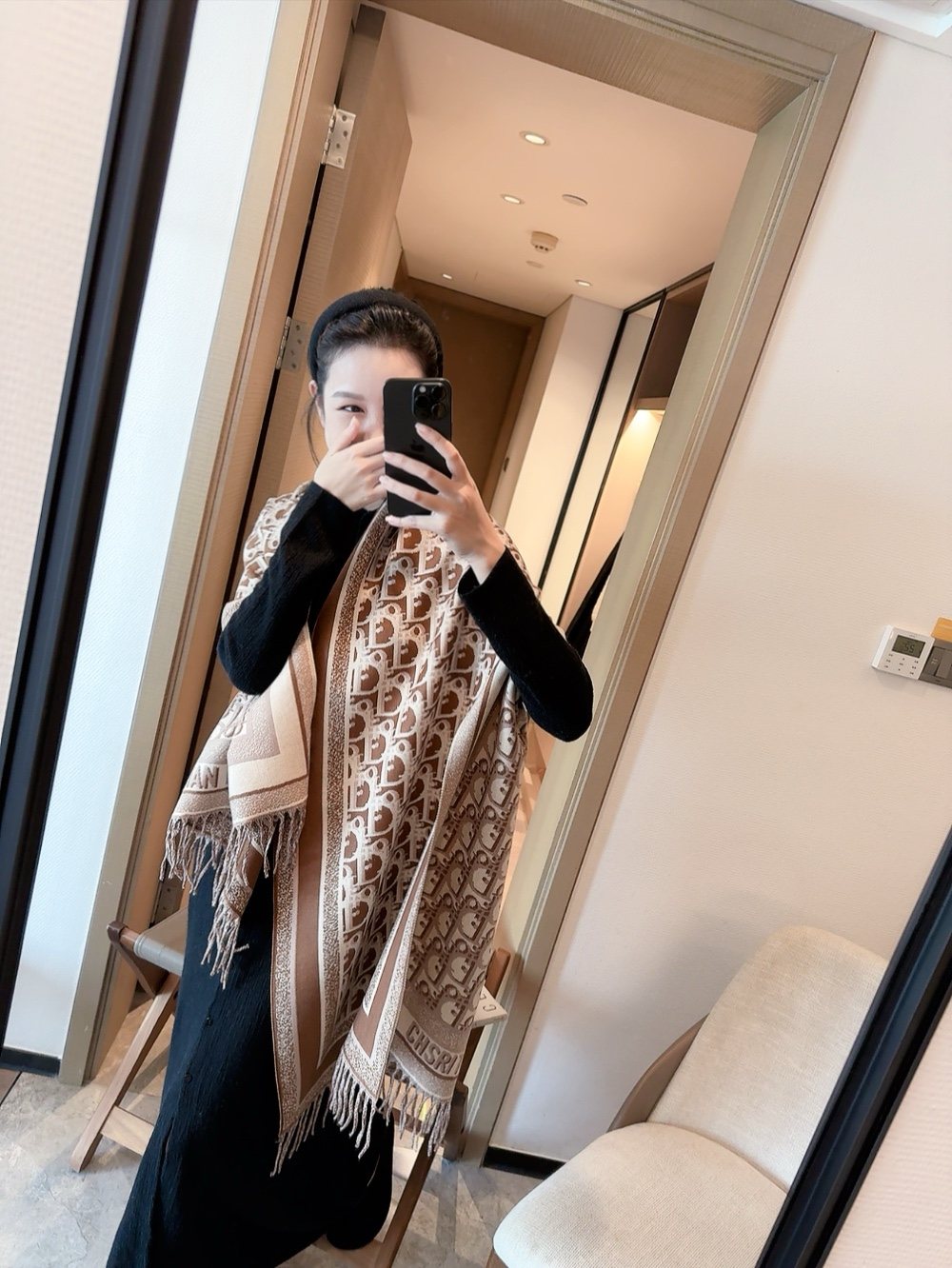 Dior Fringed Monogram Scarf — model