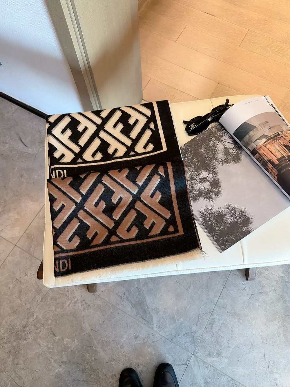 Fendi Geometric Monogram Fringe Scarf — detail