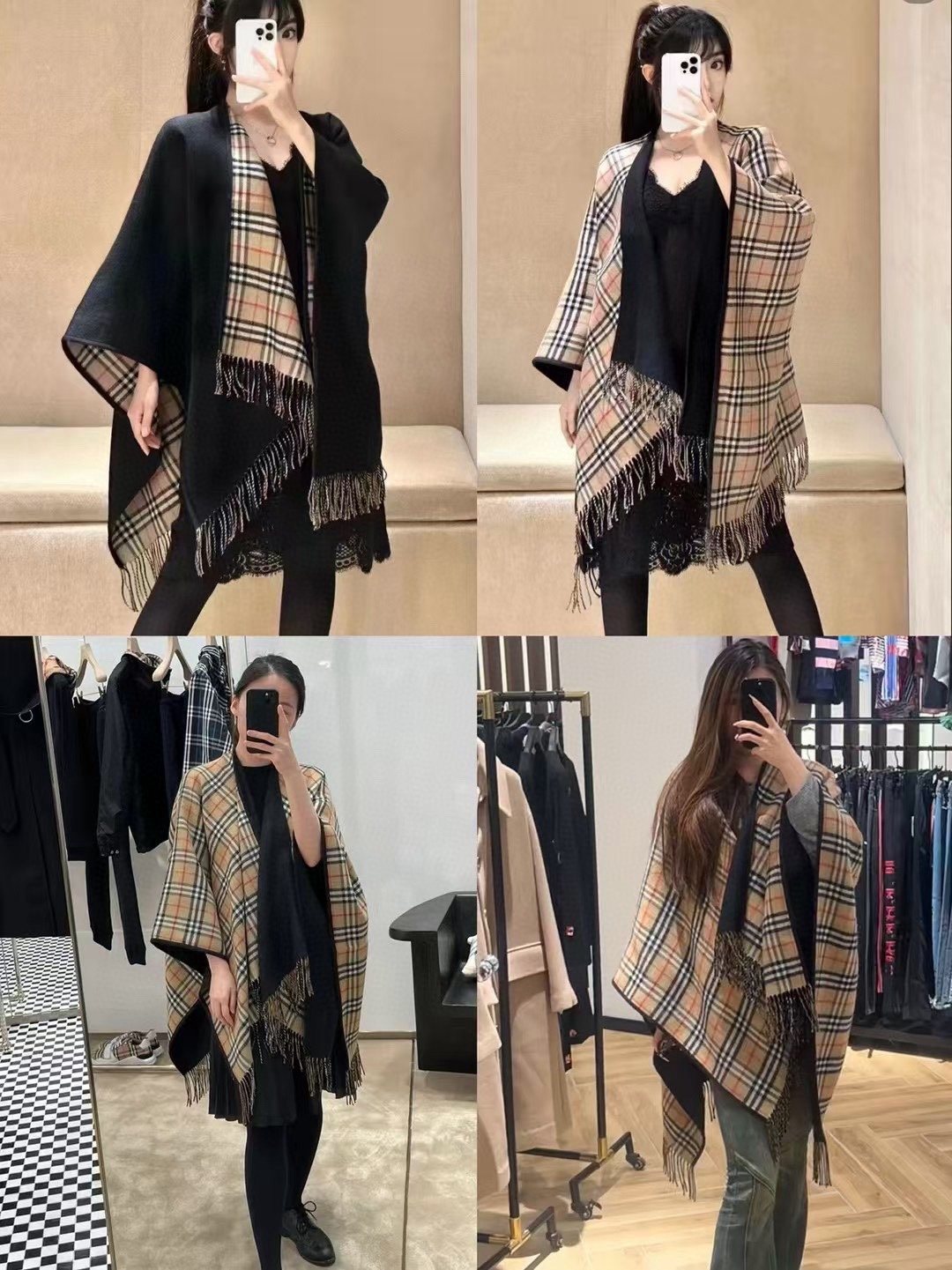 Burberry Reversible Plaid Fringed Poncho Wrap — model