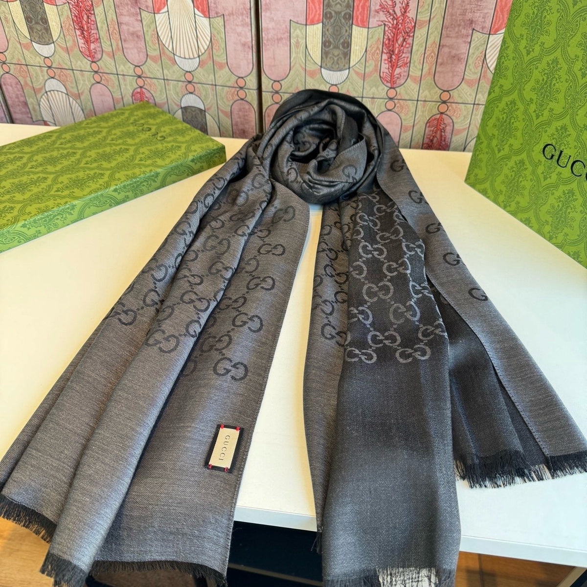 Gucci Reversible Monogram Fringe Scarf — front