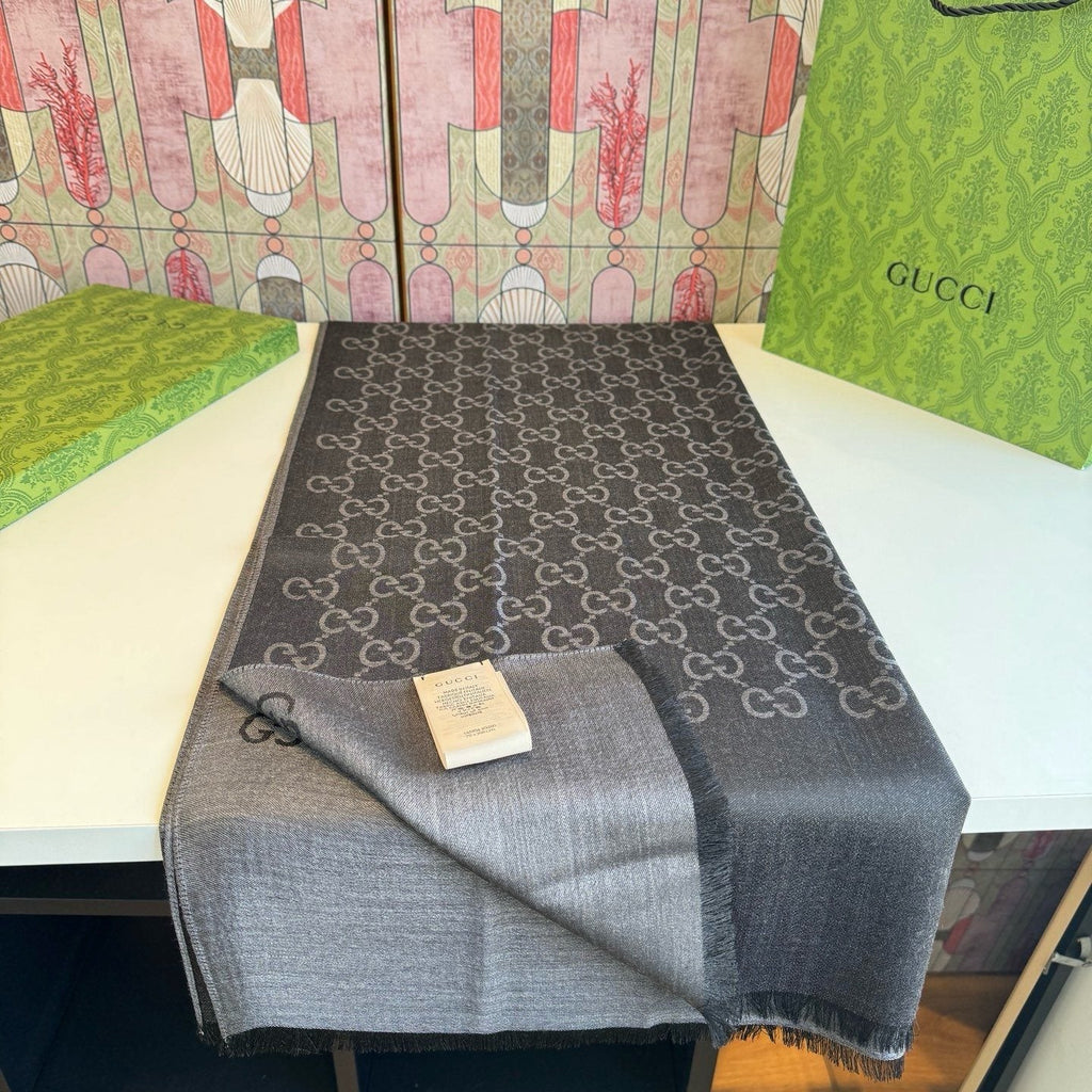 Gucci Reversible Monogram Fringe Scarf — front