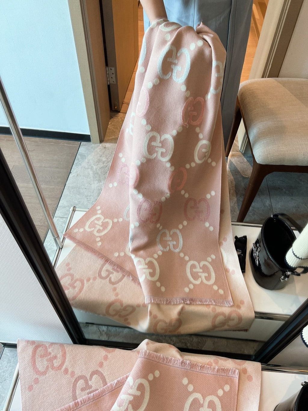 Pink-Beige Fringed Geometric Motif Scarf — front