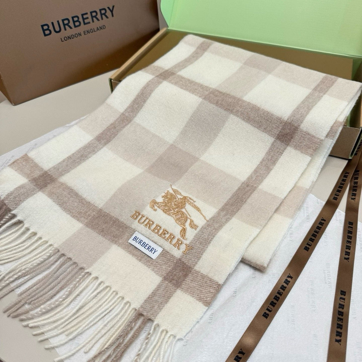 Burberry Cream Taupe Check Fringed Scarf — front